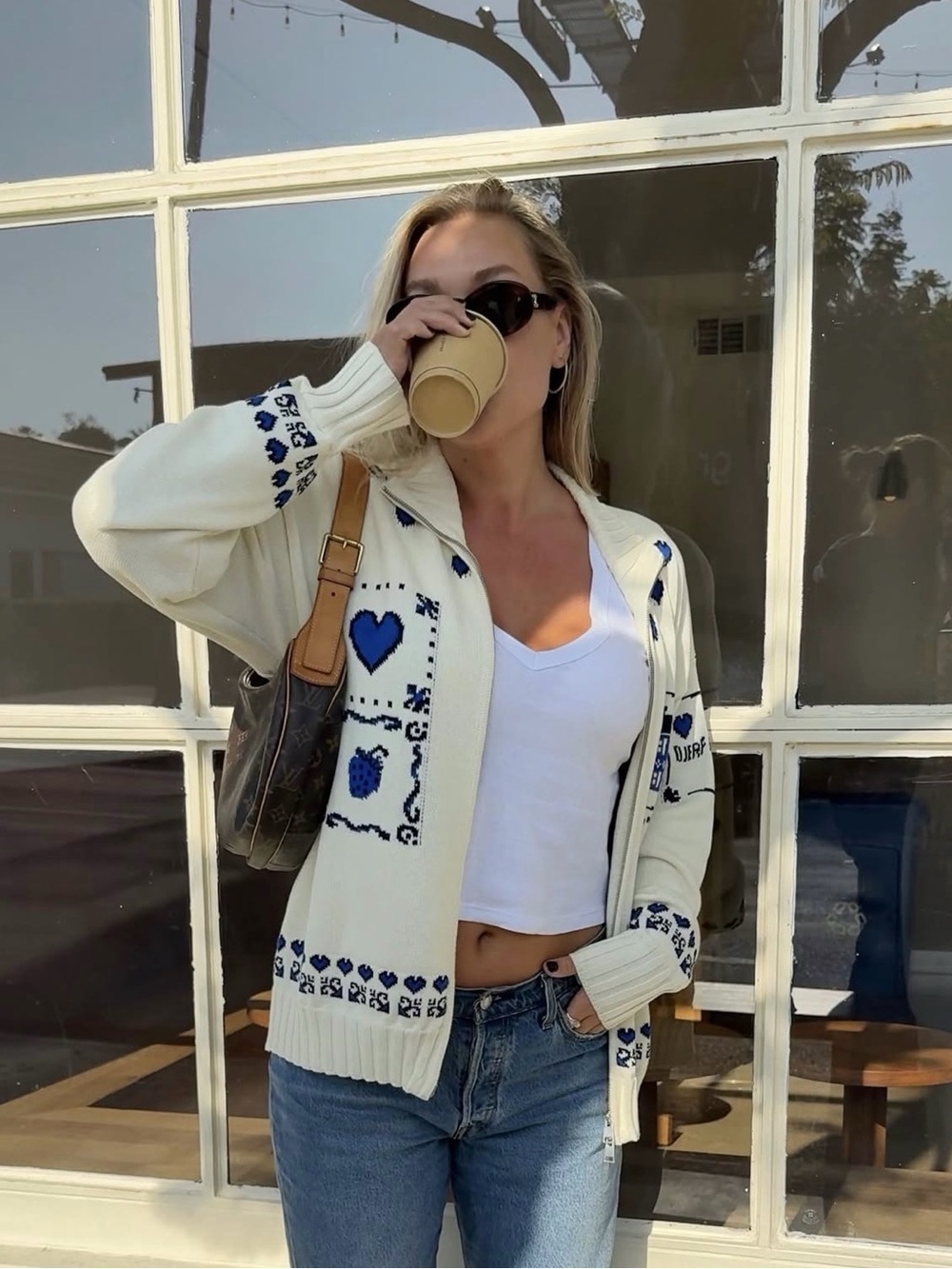 Djerf Avenue Cream Zip-Up Sweater with Blue Heart Motif - Picture 5 of 5
